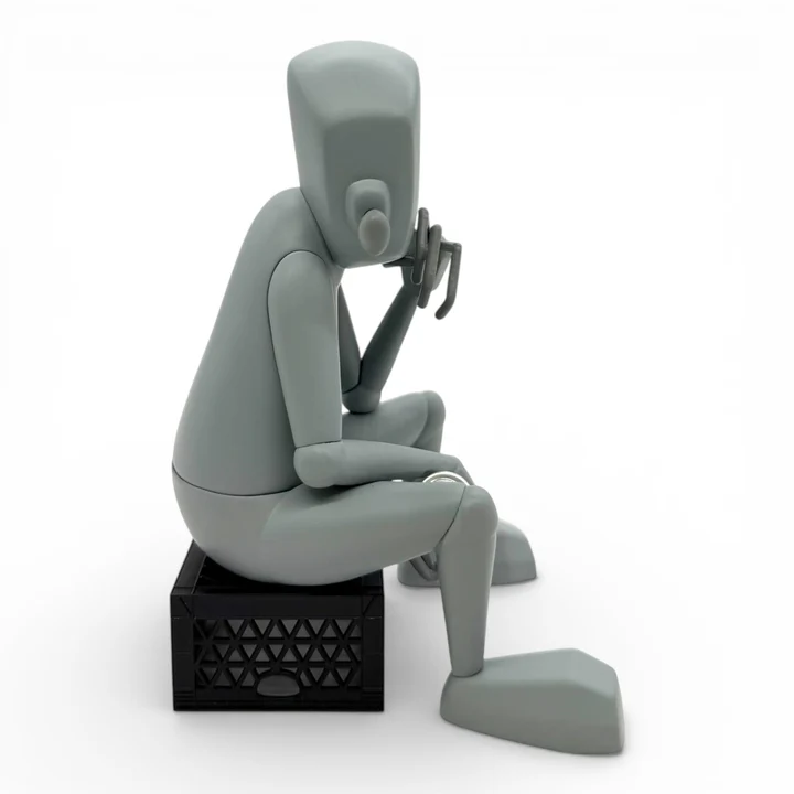 The Thinker vinyl figure seated on a black crate, side view