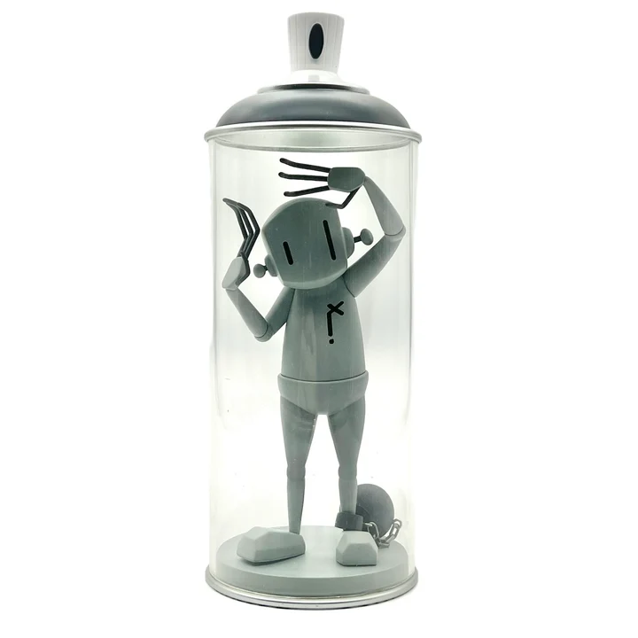 Contents Under Pressure 7 inch grey robot vinyl figure inside a 10 inch clear acrylic spray can display