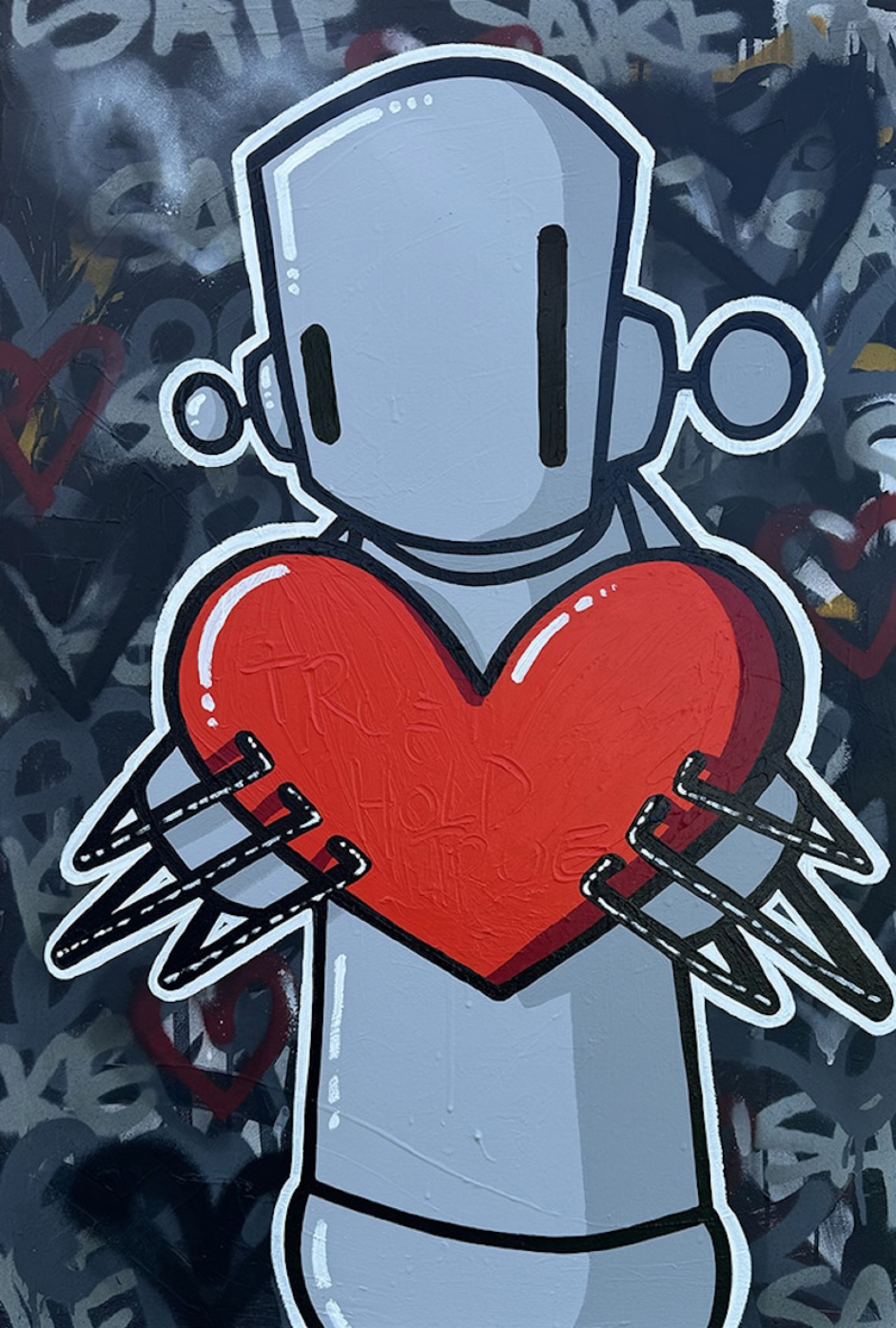 Chris RWK painting of a robot holding an X-shaped heart