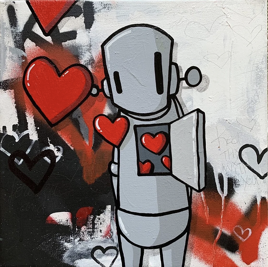 Chris RWK painting of two robots standing together on an ochre background