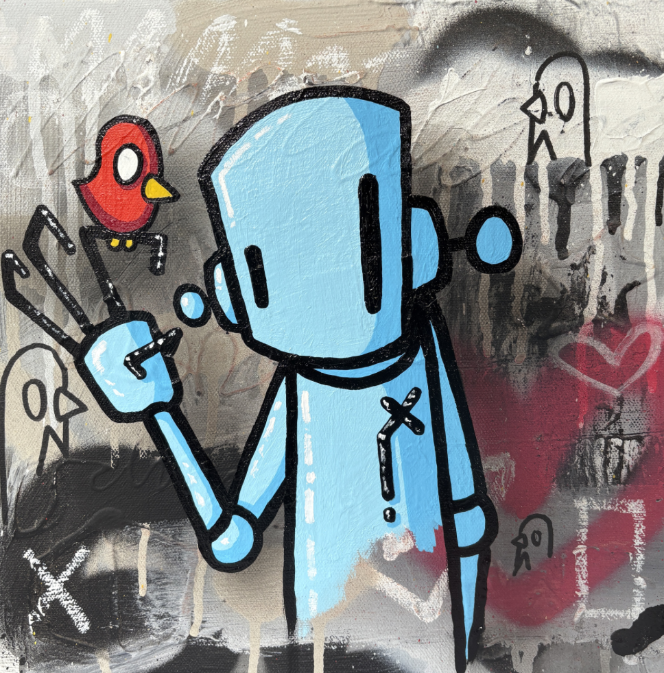 Chris RWK painting of a seated robot holding a banner that reads Be Like Water